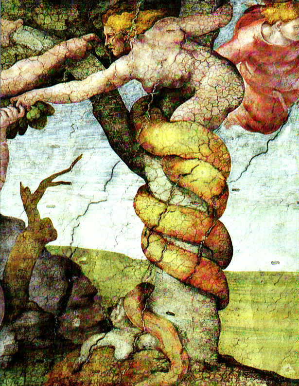Serpiente en el Árbol de la Ciencia del Bien y del Mal.Fragmento del fresco en la Capilla Sixtina de Miguel Ángel
