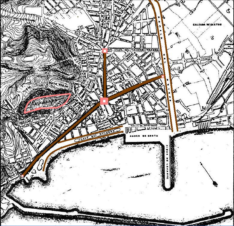 Anteproyecto de las tres grandes vías, atravesando el casco antiguo. Plano: Arq.Gabriel Pradal Ruiz (1897) y proyecto de Trinidad Cuartara Cassinello (1900)