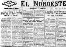 Títular del periódico "El Noreste": ALFONSO VIDAL Y PLANAS MATA DE UN TIRO A LUIS ANTONIO DEL OLMET.