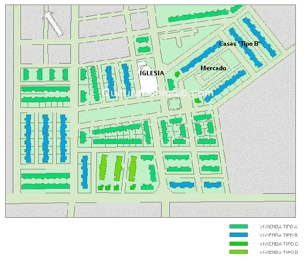 Planta de ordenacin de los edificios pblicos y distintos tipos de casas.