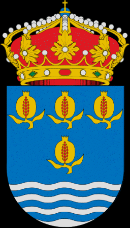 ESCUDO DE PATERNA. Las cuatro granadas aluden a sus cuatro barrios vinculados al reino nazar de Granada. Las ondas blancas represental al ro que pasa por la Villa.