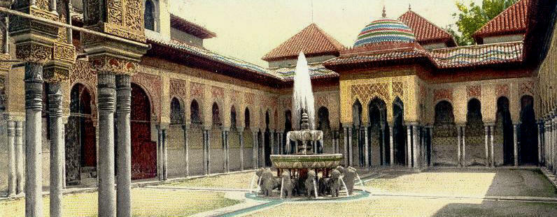 Patio de los Leones de la Alhambra, en una postal antigua.