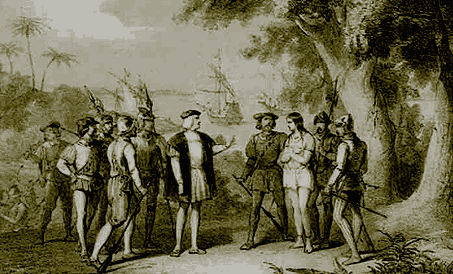 Grabado titulado Reconocimiento de la isla española por Cristóbal Colón, del libro de José Ferrer de Couto "Historia de la Marina Real Española" (1854).