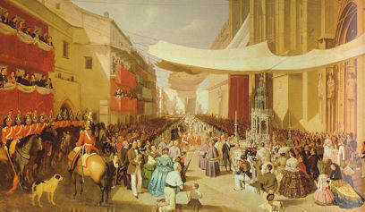 La avenida de la Constitucin de Sevilla, con velas para el Corpus en el siglo XIX