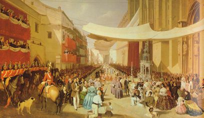 La avenida de la Constitucin de Sevilla, con velas para el Corpus en el siglo XIX