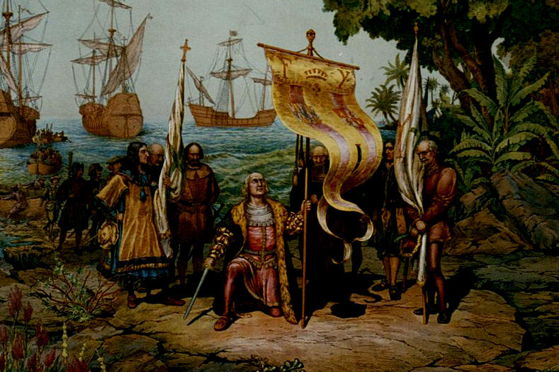 Colón toma posesión  de las nuevas tierras en nombre de la Corona de Castilla.