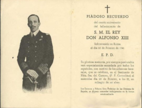 Esquela del fallecimiento de Alfonso XIII en Roma el 28 de Febrero de 1.941, durante su exilio.