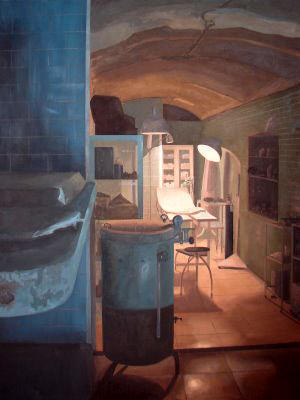 Pintura al óleo del Quirófano, visto desde la Sala de Curas. En primer plano, las presuntas literas adosadas.