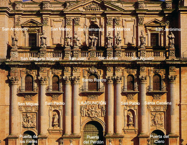Fachada de la Catedral de Jaén con denominación de las figuras del retablo