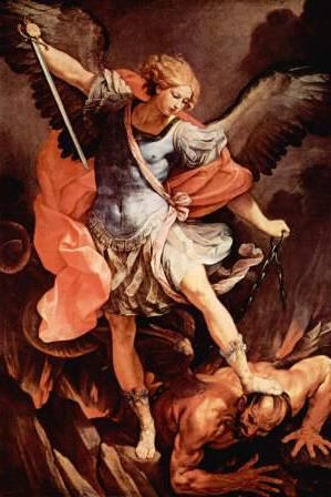 San Miguel luchando contra el diablo. La imagen del dragón ha sido sustituida por la del Maligno.