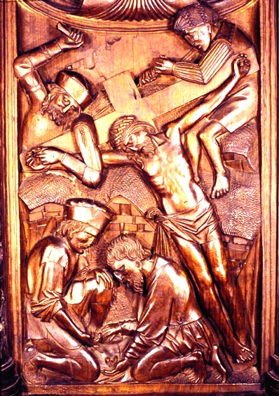 Detalle de la silleria.La crucifixión de Cristo