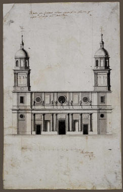 Alzado imaginado de la fachada de la catedral de Jan Circa 1791-1805 INS.: Fachada de la Catedral de Jaen, sacada p.r la planta y explic.n del viaje de d.n Ant.o Ponz Firmado [ngulo inferior derecho]: Shz. Salvador Lpiz, tinta y aguada/Papel verjurado. 435  275 mm